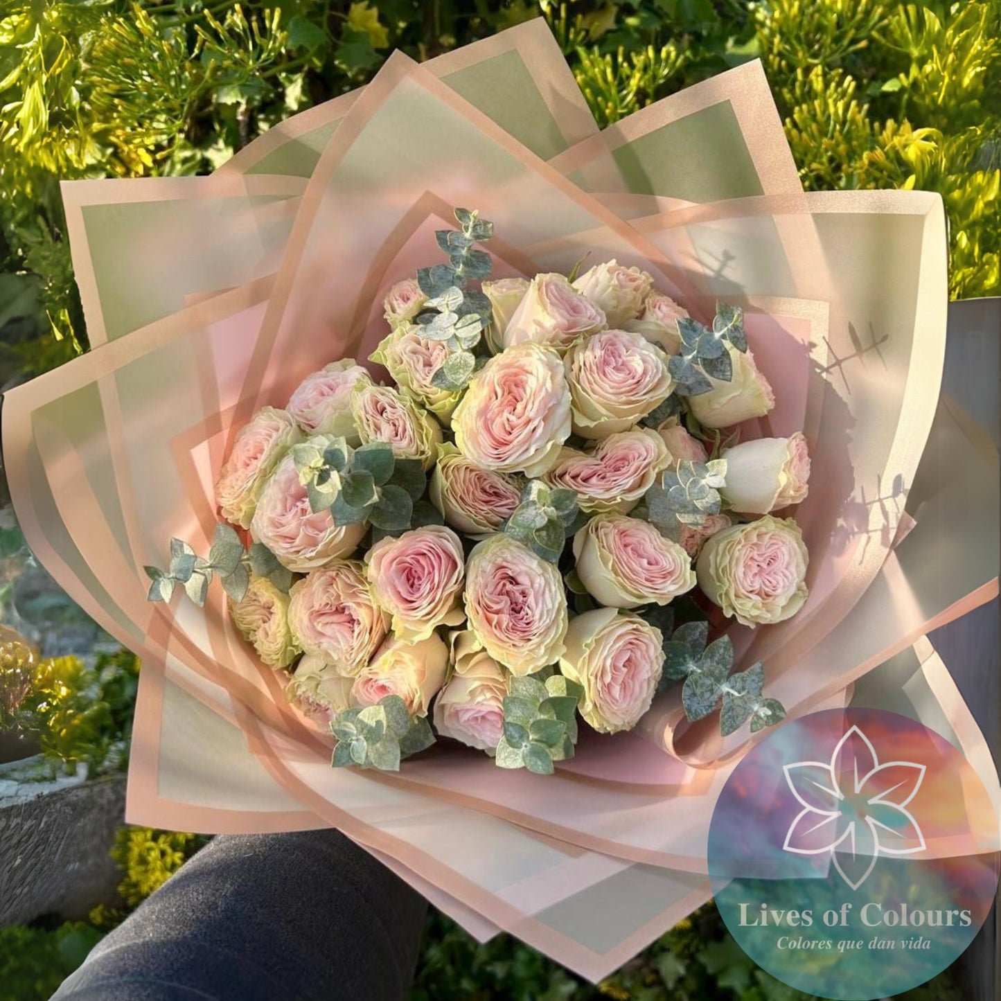 Ramo de mini rosas, color Rosado, con toques de Eucalipto fresco y aromatico.