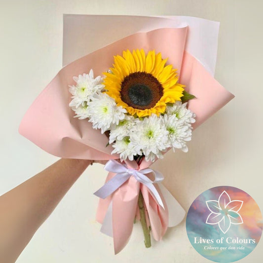 Ramo de 1 Girasol con maules blancos